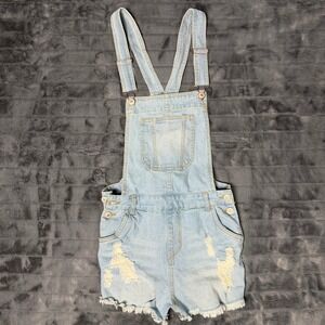 Love Tree Denim Light Wash Distressed Shortalls Overalls Small Light Blue Frayed